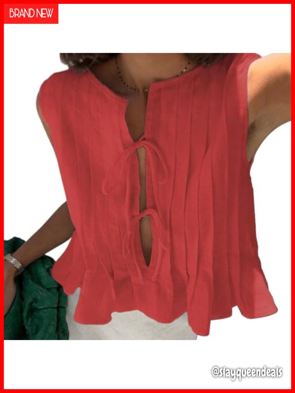 Womens Ruffle Tank Top Tie Front Pleated Lace Up Vest Summer Cute